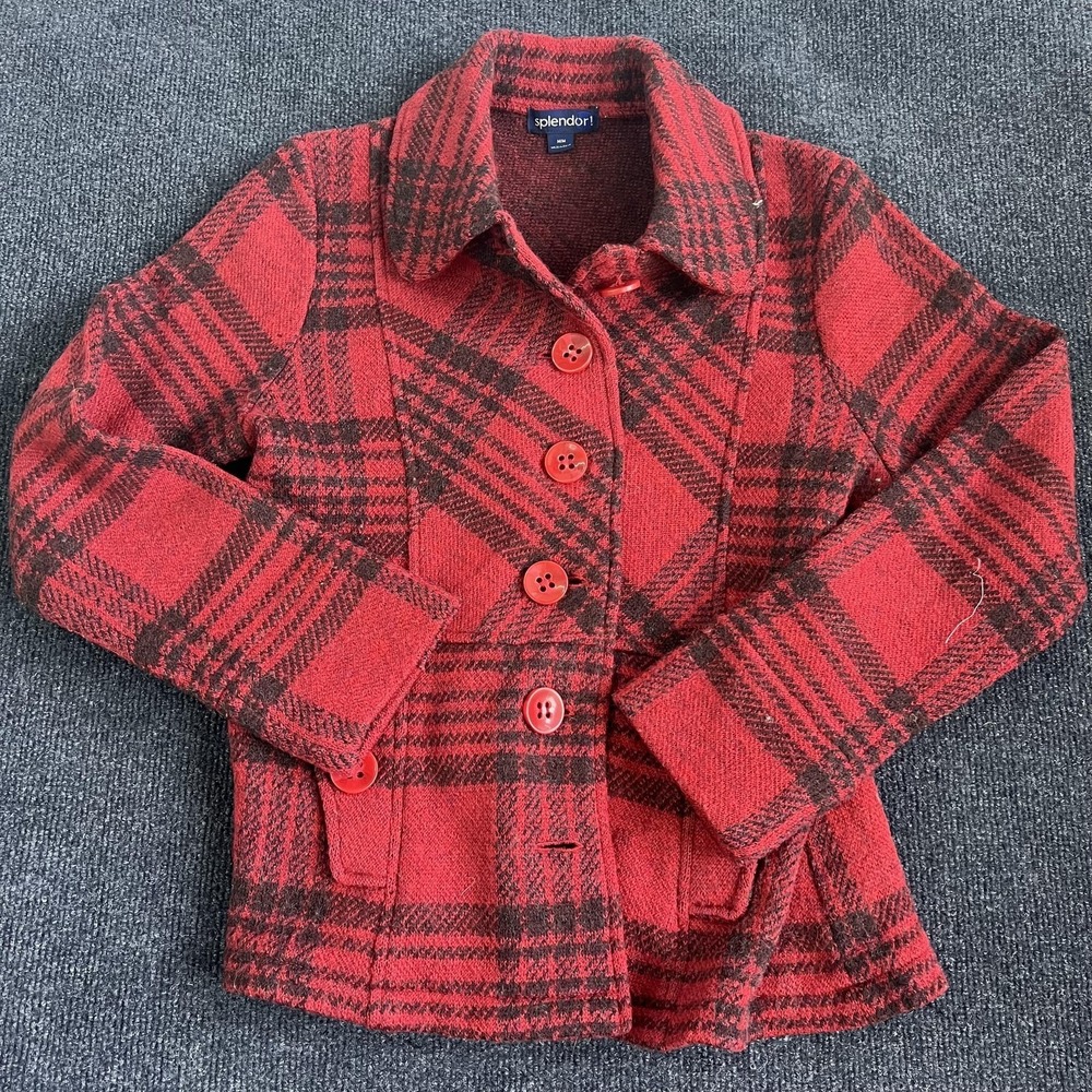 Splendor Jacket Womens Medium Red Plaid 100% Wool Button Front Collared Short